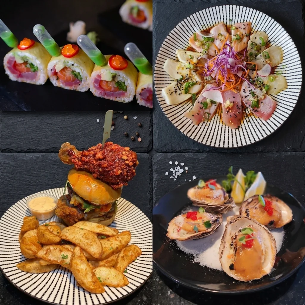 Signature sushi rolls, fish carpaccio, crispy chicken bao and scallops served at Meal Set Bistro | Sushi in River Heights, Winnipeg