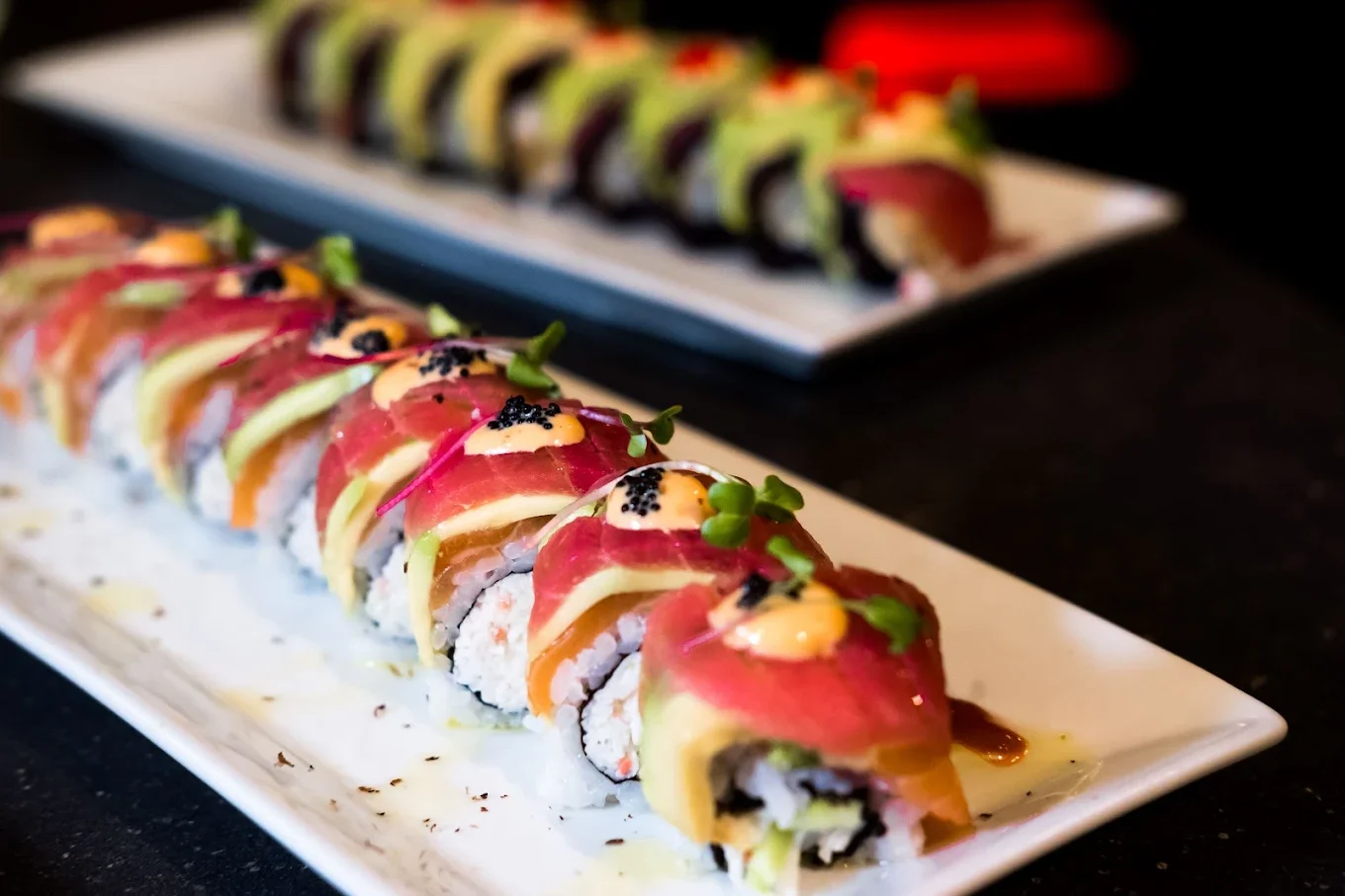 Rainbow roll topped with assorted fresh fish and avocado at Meal Set Bistro | Sushi, Academy Road Winnipeg